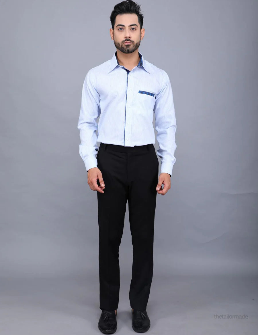 Combo - White Formal & Blue & White Stripe Design Cotton Shirt